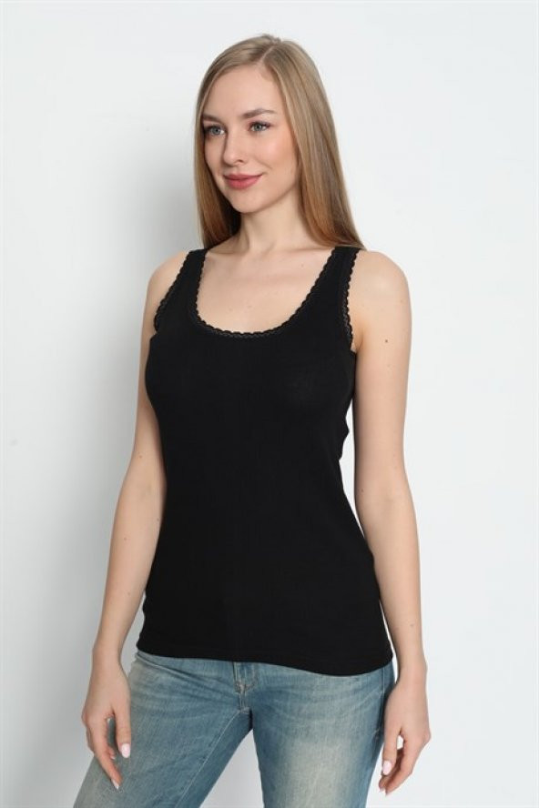 Siyah Kadın Kalın Askılı Dantelli Atlet %100 Pamuklu