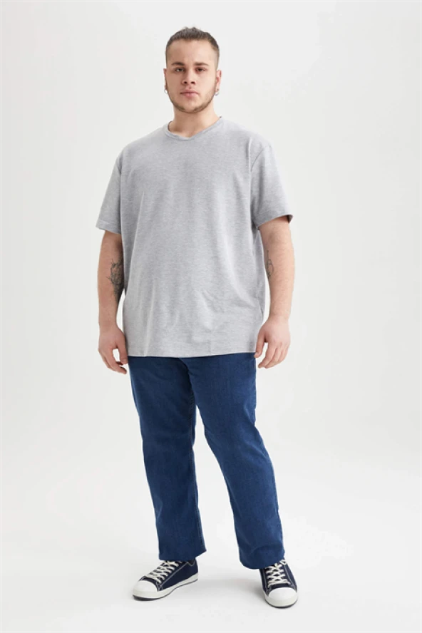 Erkek Büyük Beden Tişört Gri Sıfır Yaka %100 Pamuk - 4