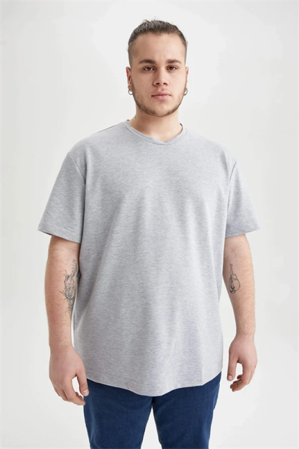 Erkek Büyük Beden Tişört Gri Sıfır Yaka %100 Pamuk - 5