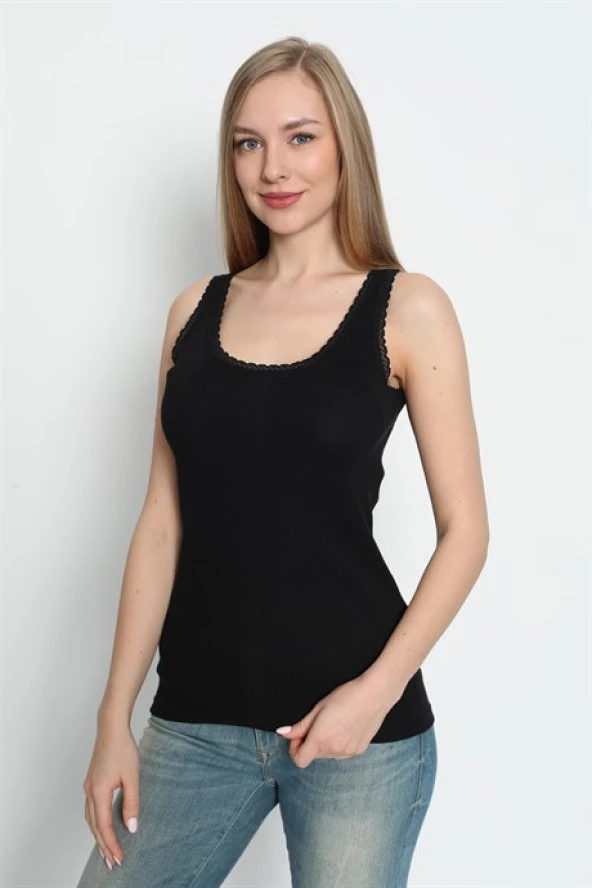 Siyah Kadın Kalın Askılı Dantelli Atlet %100 Pamuklu - 3