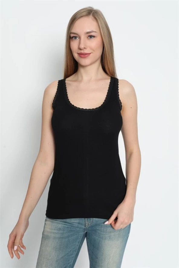 Siyah Kadın Kalın Askılı Dantelli Atlet %100 Pamuklu - 5