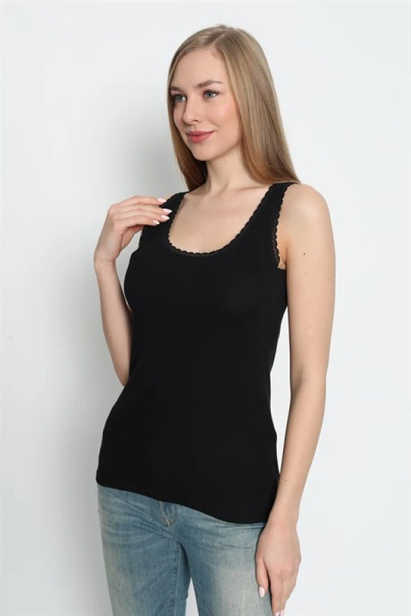 Siyah Kadın Kalın Askılı Dantelli Atlet %100 Pamuklu - 6