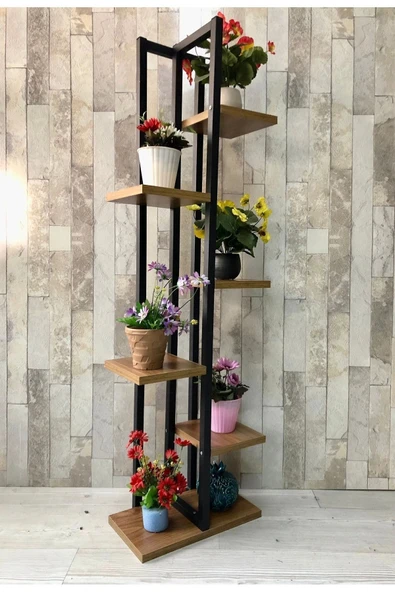 adımshops Siyah Metal Çerçeveli, Ahşap Raflı 6 Bölmeli Çiçeklik - 2