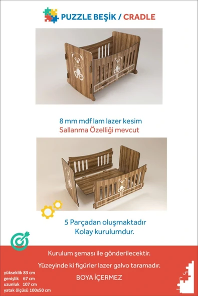 ADM Puzzle Beşik,demonte Ahşap Beşik, 100x50 Cm Yükseklik 82 Cm - 2