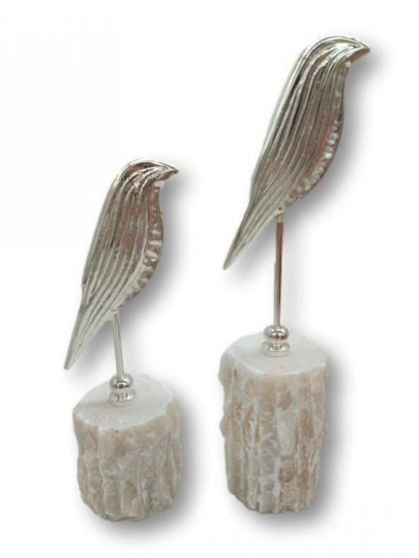 Crearthome Dekoratif Mermer Kaideli Gümüş 2 li Metal Kuş Biblo -Obje SZR-1923