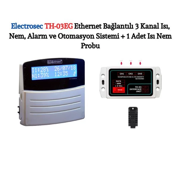 Electrosec TH-03EG Web Tabanlı 3 Kanal Isı, Nem, Alarm ve Otomasyon Sistemi + 1 Adet Isı Nem Probu +16V Adaptör ürün görseli 1