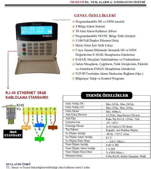 Electrosec TH-02EG 1 Kanal Isı ve Nem Takip Sistemi Ethernet TCP / IP - GPRS Alarm ve Otomasyon Sistemi + 1 Adet Isı Nem Probu +16V Adaptör - 2