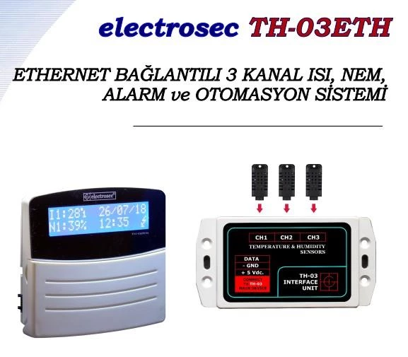 Electrosec TH-03 ETH Web Tabanlı 3 Kanal Isı, Nem ve Alarm Takip Sistemi +1 Prob + 16V Adaptör ürün görseli 1