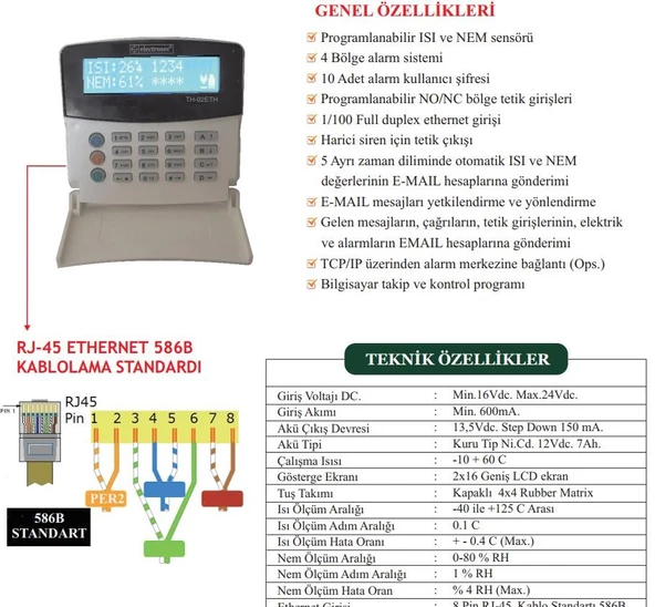 Electrosec TH-02ETH Isı ve Nem Takip Otomasyon Sistemi Ethernet TCP/IP Protokol +1 Prob +16V Adaptör - Resim 2