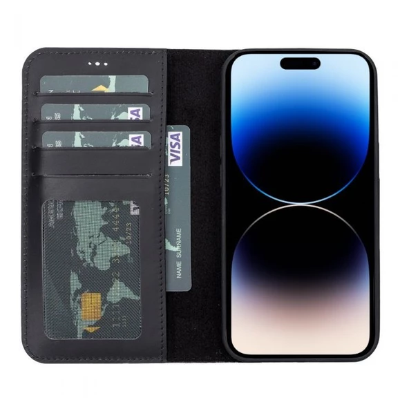 Smcase iPhone 14 Pro Max Kılıf Hakiki Deri Standlı Mıknatıslı Cüzdan