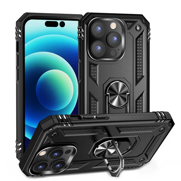 Smcase iPhone 14 Pro Max Kılıf Vega Yüzüklü Stand Tank Kapak  Nano Ekran Koruyucu