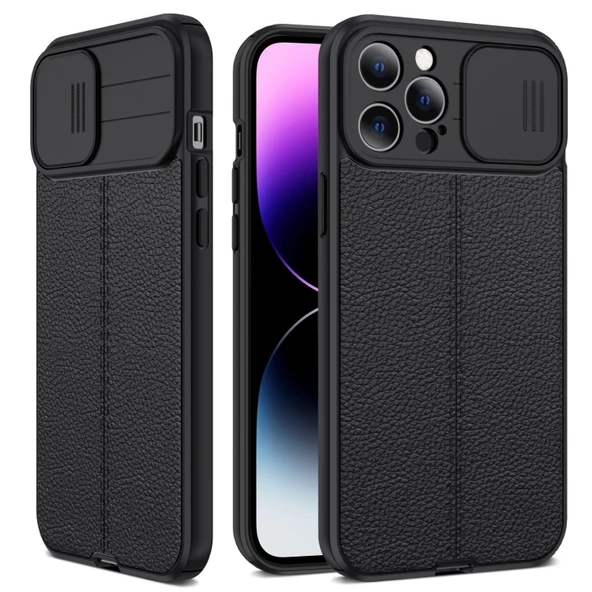 Smcase iPhone 14 Pro Max Kılıf Lensi Kamera Korumalı Deri Dokulu Silikon