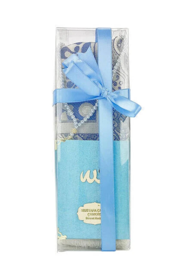 Özel Set İsim Baskılı Kadife Kaplı Yasin Seccade Tesbih Kutulu Mavi - Resim 2