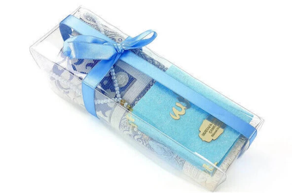 Özel Set İsim Baskılı Kadife Kaplı Yasin Seccade Tesbih Kutulu Mavi - Resim 3