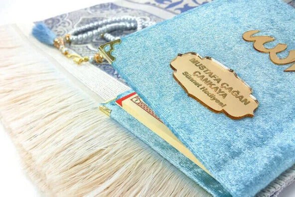 Özel Set İsim Baskılı Kadife Kaplı Yasin Seccade Tesbih Kutulu Mavi - Resim 6