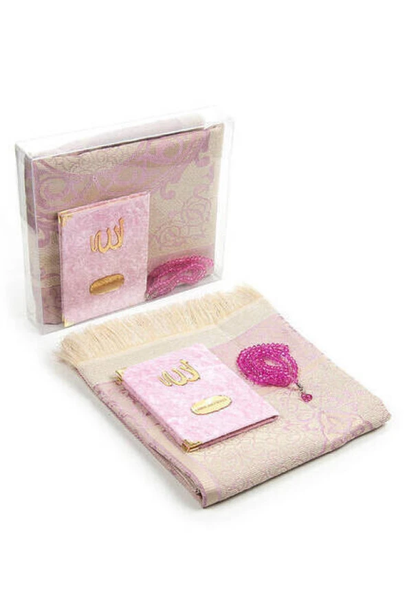 Kadife Yasin Kitabı Çanta Boy İsme Özel Plakalı Seccadeli Tesbihli Kutulu Pembe ürün görseli 1