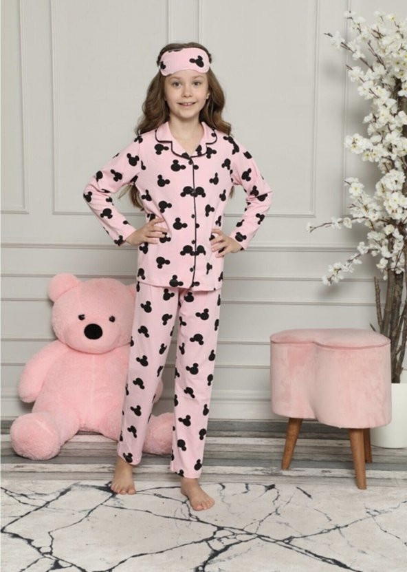 Düğmeli Mickey pijama Takımı Kız Çocuk