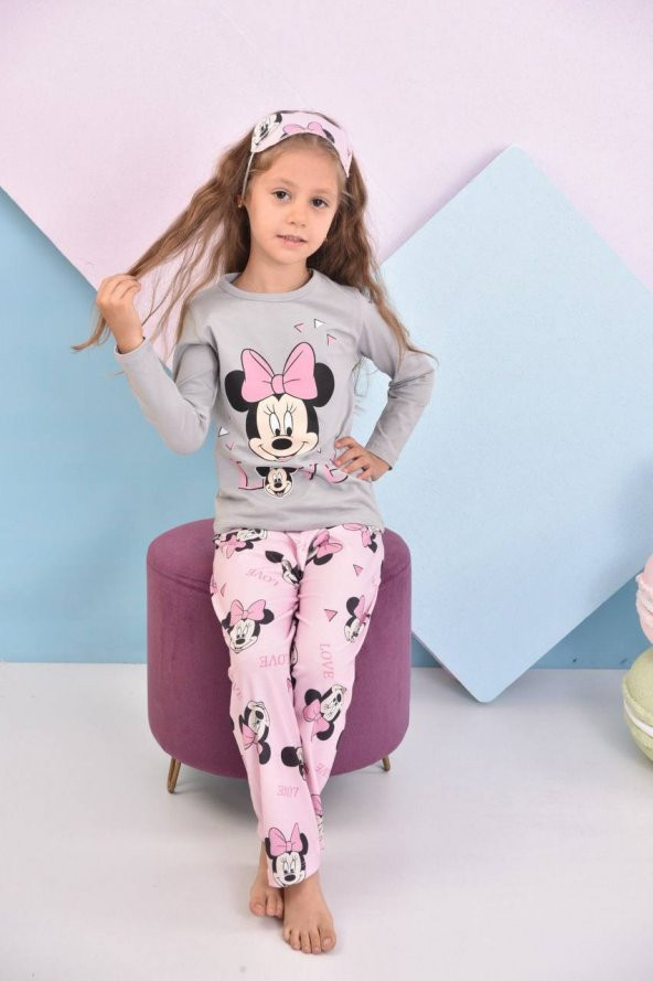 Kız Çocuk Göz Bantlı Mickey Pijama Takımı