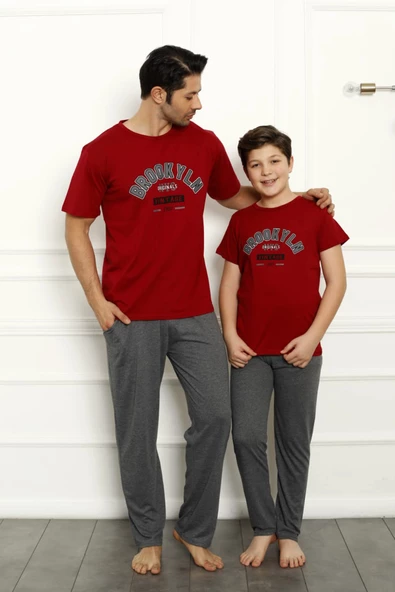 Baba Oğul Kombin Pamuk Pijama Takımı- TEK ADET- Kısa Kollu Erkek Pijama Takımı - 3