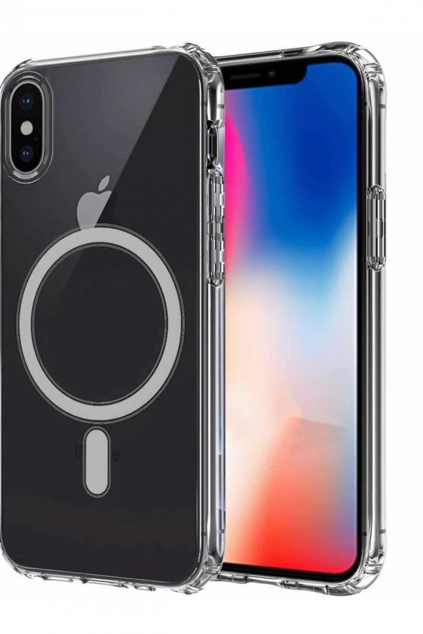 Apple iPhone XS 5.8 Kılıf Magsafe Şarj Özellikli Şeffaf Sert PC Lopard Embos Kapak