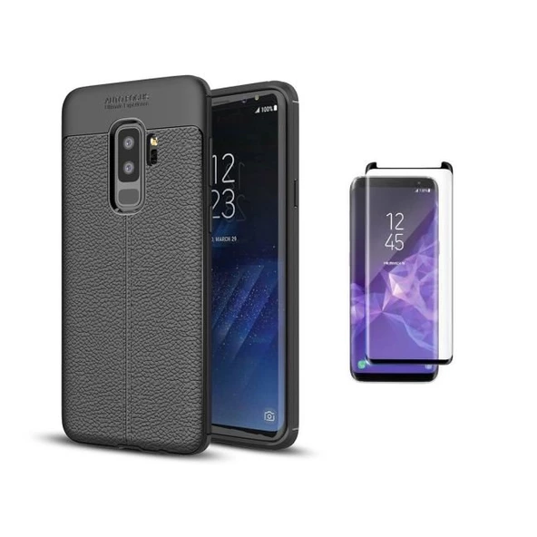 Smcase Samsung Galaxy S9 Plus Kılıf Deri Dokulu Silikon  Kenarı Kısa Cam Ekran Koruyucu