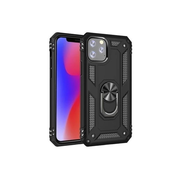 Smcase iPhone 11 Pro Kılıf Vega Yüzüklü Standlı Kapak  Tam Kapatan Cam