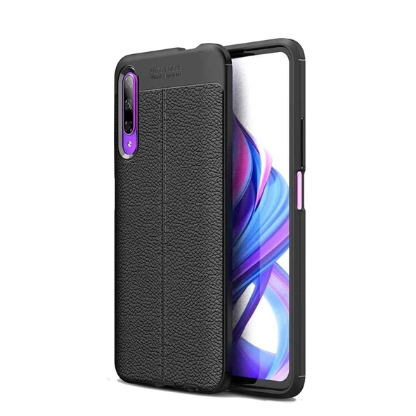 Smcase Huawei P Smart Pro Kılıf Deri Dokulu Silikon  Nano Ekran Koruyucu