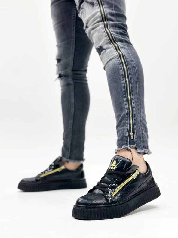 SNR-308 BOA Kalın Yüksek Taban Çift Fermuarlı Siyah Siyah Erkek Ayakkabı - Resim 5