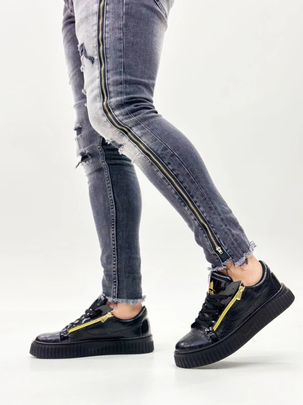 SNR-308 BOA Kalın Yüksek Taban Çift Fermuarlı Siyah Siyah Erkek Ayakkabı - Resim 6