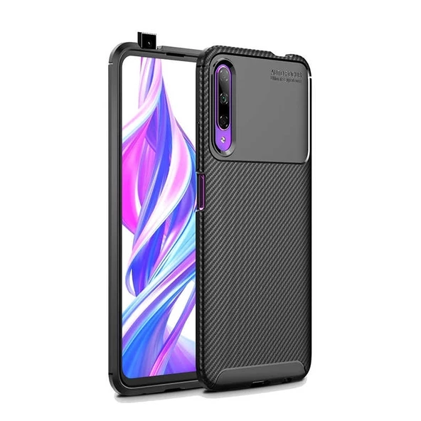 Smcase Huawei P Smart Pro Kılıf Negro Karbon Dokulu Silikon  Nano Ekran Koruyucu