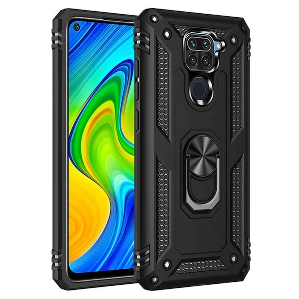 Smcase Xiaomi Redmi Note 9 Kılıf Vega Yüzüklü Tank Silikon Nano Ekran Koruyucu