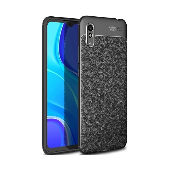 Smcase Xiaomi Redmi 9A Kılıf Deri Dokulu Silikon  Nano Ekran Koruyucu