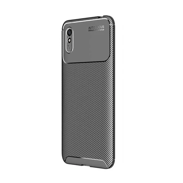 Smcase Xiaomi Redmi 9A Kılıf Negro Karbon Dokulu Silikon  Nano Ekran Koruyucu