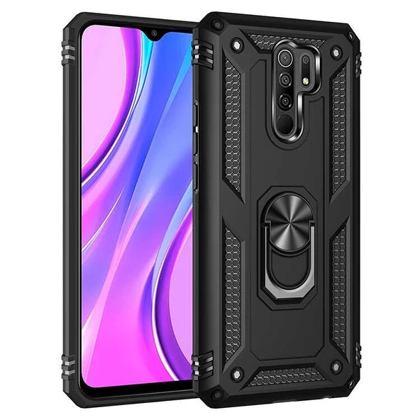 Smcase Xiaomi Redmi 9 Kılıf Vega Yüzüklü Çift Katmanlı Tank Kapak