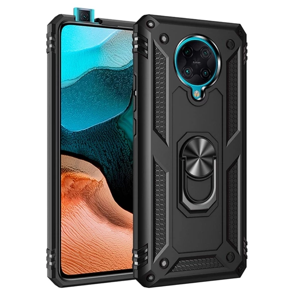 Smcase Xiaomi Poco F2 Pro Kılıf Vega Yüzüklü Tank Kapak  Nano Ekran Koruyucu