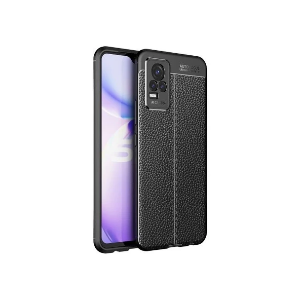 Smcase Vivo V21e Kılıf Kamera Korumalı Deri Dokulu Silikon  Nano Ekran Koruyucu