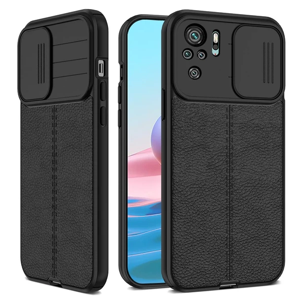 Smcase Xiaomi Redmi Note 10s Kılıf Lensi Kamera Korumalı Deri Dokulu Silikon