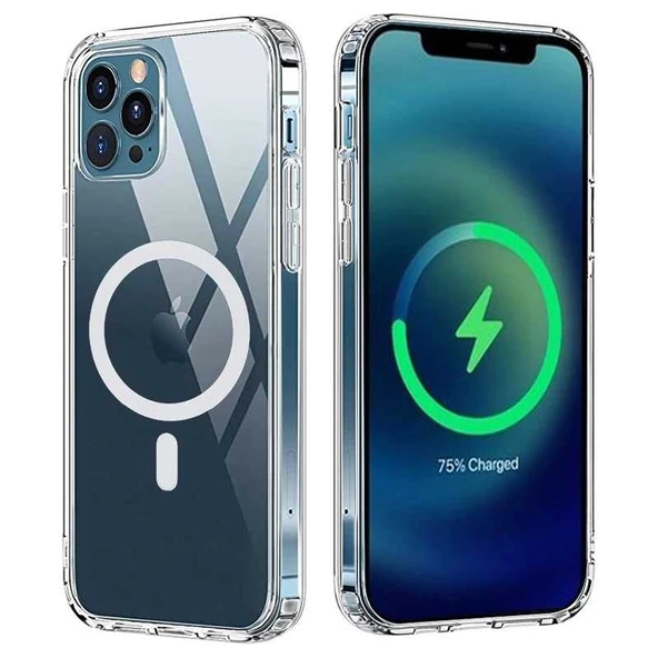 Smcase iPhone 12 Pro Kılıf Manyetik Kristal Wiriless Destekli Sert Kapak Silikon  10000 Mah Magsafeli Powerbank