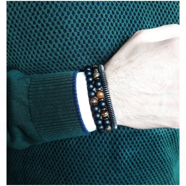 Kaplangözü & Hematit & Oniks Üçlü Kombin Erkek Doğal Taş Bileklik - 4