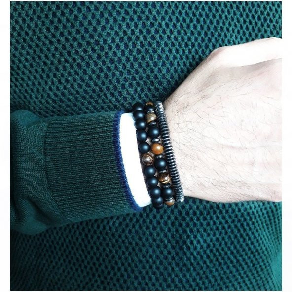 Kaplangözü & Hematit & Oniks Üçlü Kombin Erkek Doğal Taş Bileklik - 2