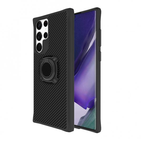Smcase Samsung Galaxy S22 Ultra 5G Kılıf Timo Hybrid Karbon Standlı Silikon  Tam Kapatan Pet Ekran Koruyucu  3D Kamera Camı
