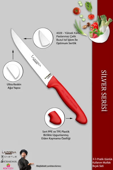 Lazbisa Silver Serisi Mutfak Bıçak Seti Et Ekmek Sebze Meyve Bıçağı 6 Lı Set Günlük Kullanım ( Mtf-216) - 3