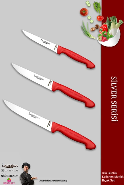 Lazbisa Silver Serisi Mutfak Bıçak Seti Et Ekmek Sebze Meyve Bıçağı 3 Lü Set Günlük Kullanım ( Mtf-215) - 1