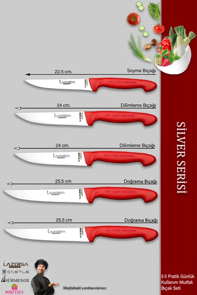 Lazbisa Silver Serisi Mutfak Bıçak Seti Et Ekmek Sebze Meyve Bıçağı 5 Li Set Günlük Kullanım ( Mtf-015 ) - 2