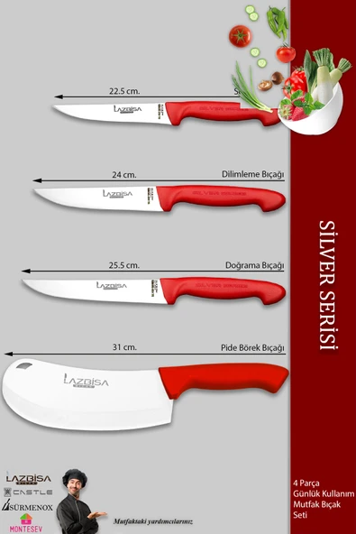 Lazbisa Silver Serisi Mutfak Bıçak Seti Et Ekmek Sebze Börek Pide Salata Bıçağı 4 Lü Set G ( Mtf-268) - 2