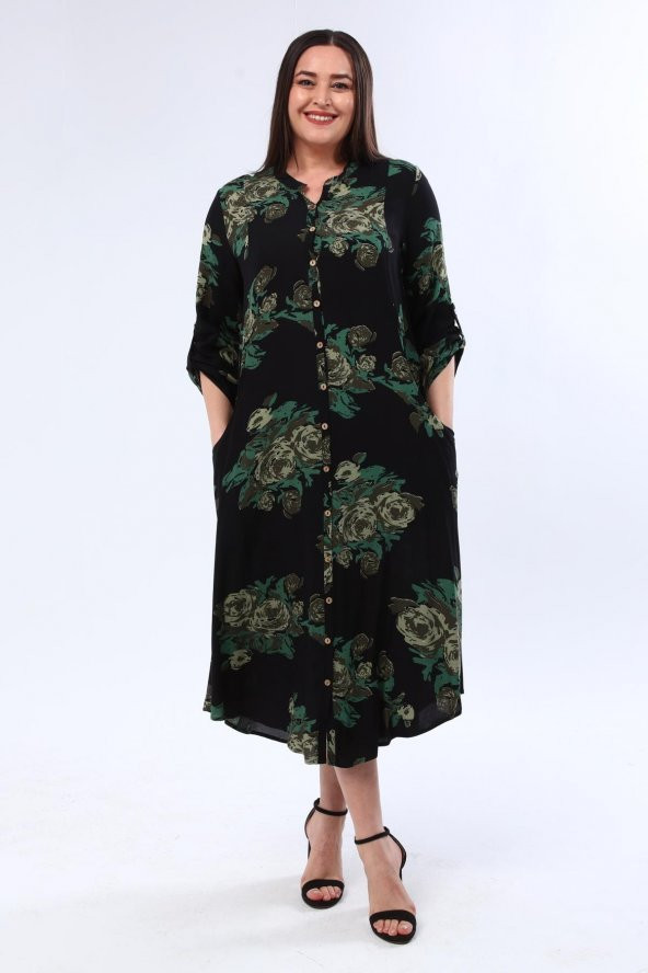 Shine Kadın Akay Büyük Beden Koton Yeşil Güller Siyah Elbise