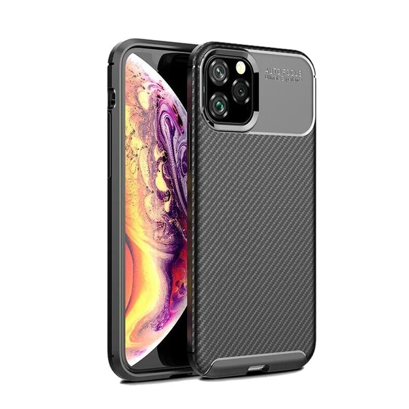 Smcase iPhone 11 Pro Max Kılıf Negro Karbon Silikon  Nano Ekran Koruyucu