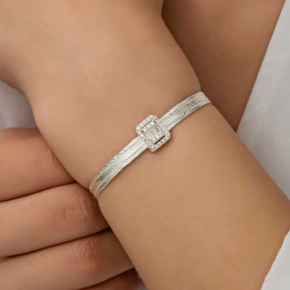 Gümüş Baget Taşlı Trabzon Hasır Kadın Bileklik - Resim 6