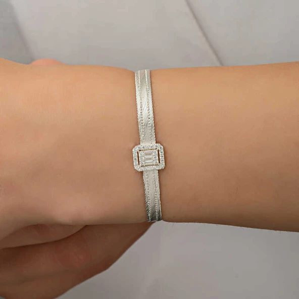 Gümüş Baget Taşlı Trabzon Hasır Kadın Bileklik - Resim 5