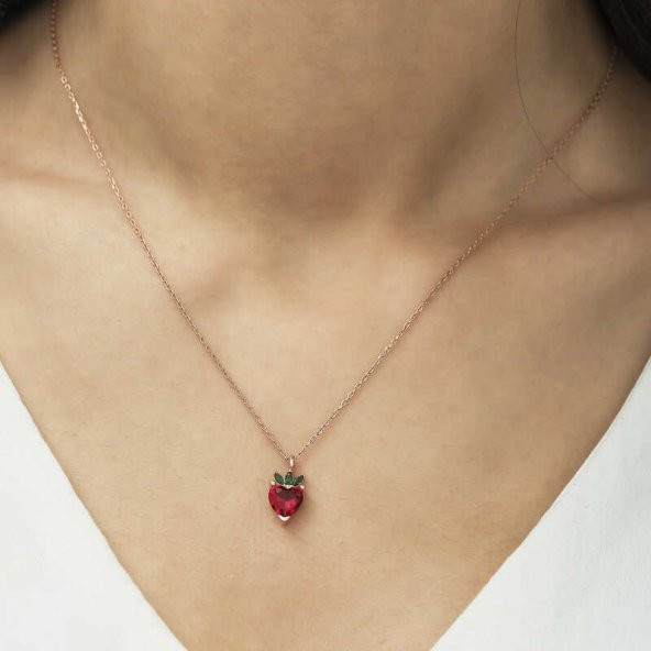 ​925 Ayar Gümüş Rose Çilek Figür Meyve Kolye - 5